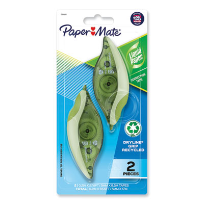 DryLine Grip Correction Tape, Recycled Dispenser, Green/White Applicator, 0.2" x 335", 2/Pack