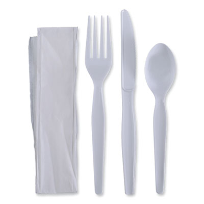 Four-Piece Cutlery Kit, Fork/Knife/Napkin/Teaspoon, Heavyweight, White, 250/Carton