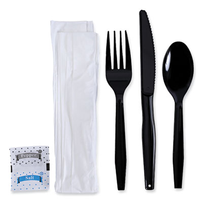 Six-Piece Cutlery Kit, Condiment/Fork/Knife/Napkin/Teaspoon, Black, 250/Carton