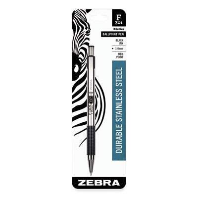 F-301 Ballpoint Pen, Retractable, Medium 1 mm, Black Ink, Stainless Steel/Black Barrel