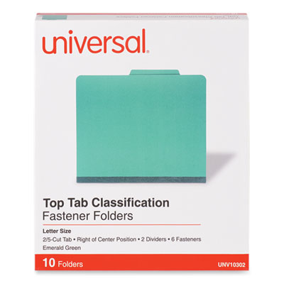 Bright Colored Pressboard Classification Folders, 2" Expansion, 2 Dividers, 6 Fasteners, Letter Size, Emerald Green, 10/Box