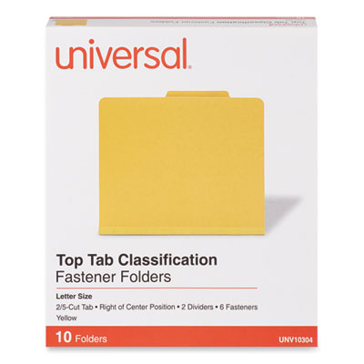 Bright Colored Pressboard Classification Folders, 2" Expansion, 2 Dividers, 6 Fasteners, Letter Size, Yellow Exterior, 10/Box