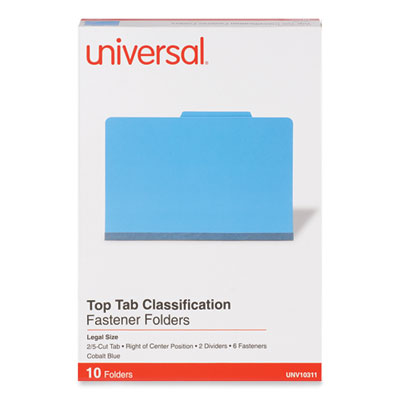 Bright Colored Pressboard Classification Folders, 2" Expansion, 2 Dividers, 6 Fasteners, Legal Size, Cobalt Blue, 10/Box