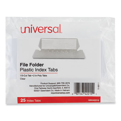 Hanging File Folder Plastic Index Tabs, 1/5-Cut, Clear, 2.25" Wide, 25/Pack