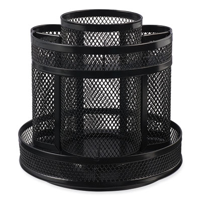 Metal Mesh Rotating Desktop Organizer, 8 Compartments, Metal Mesh, 6.5" Diameter x 6.13"h, Black