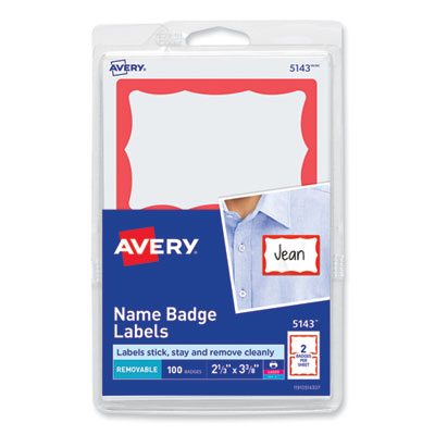 Printable Adhesive Name Badges, 3.38 x 2.33, Red Border, 100/Pack