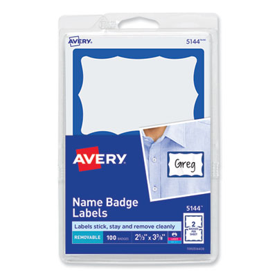 Printable Adhesive Name Badges, 3.38 x 2.33, Blue Border, 100/Pack