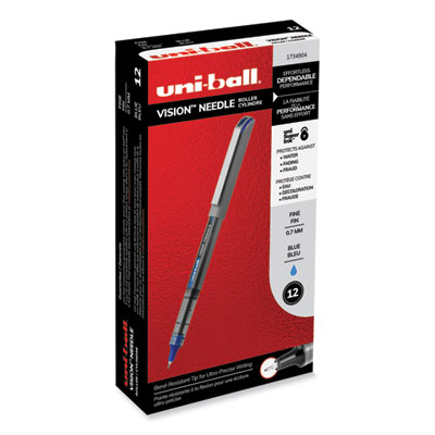 VISION Needle Rollerball Pen, Stick, Fine 0.7 mm, Blue Ink, Gray/Clear/Blue Barrel, Dozen