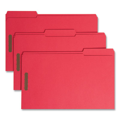 Top Tab Colored Fastener Folders, 0.75" Expansion, 2 Fasteners, Legal Size, Red Exterior, 50/Box