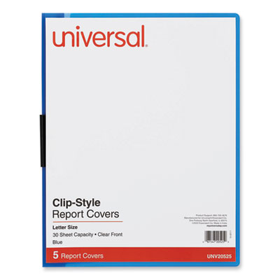 Clip-Style Report Cover, Clip Fastener, 8.5 x 11, Clear/Blue, 5/Pack