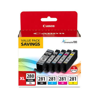 2021C007 (CLI-281; PGI-280 XL) ChromaLife100+ Ink, Black XL/Black/Cyan/Magenta/Yellow, 5/Pack