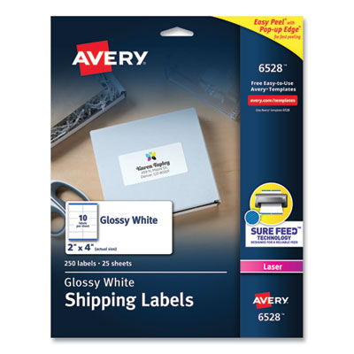 Glossy White Easy Peel Mailing Labels w/ Sure Feed Technology, Laser Printers, 2 x 4, White, 10/Sheet, 25 Sheets/Pack
