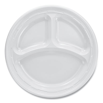 Plastic Plates, 3-Compartment, 9" dia, White, 125/Pack, 4 Packs/Carton