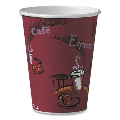 Paper Hot Drink Cups in Bistro Design, 12 oz, Maroon, 50/Pack