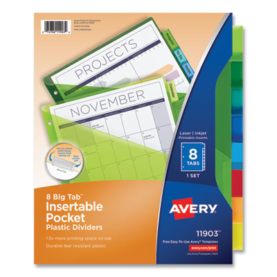 Insertable Big Tab Plastic 1-Pocket Dividers, 8-Tab, 11.13 x 9.25, Assorted, 1 Set