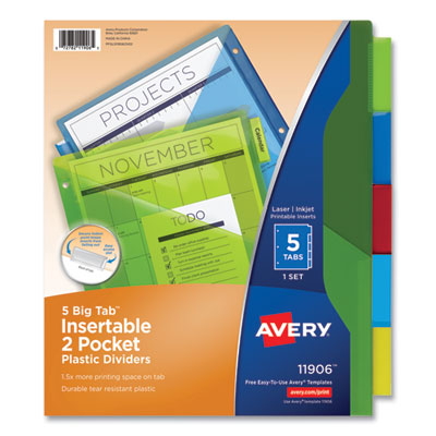 Insertable Big Tab Plastic 2-Pocket Dividers, 5-Tab, 11.13 x 9.25, Assorted, 1 Set