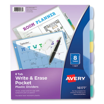 Write and Erase Durable Plastic Dividers with Slash Pocket, 3-Hold Punched, 8-Tab, 11.13 x 9.25, Assorted, 1 Set