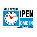 Double-Sided Open/Will Return Sign with Clock Hands, Plastic, 7.5 x 9